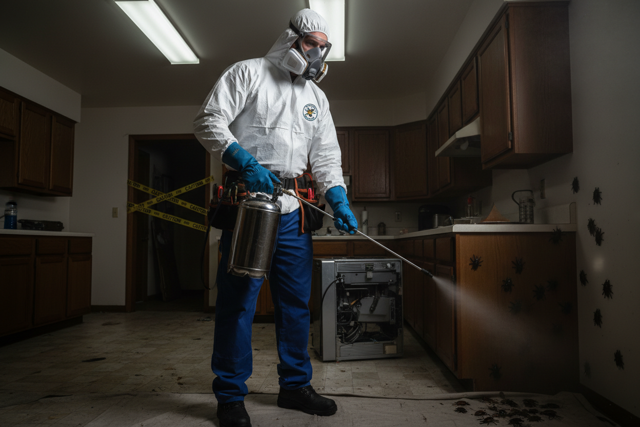 men wearing a mask spraying roach killer 